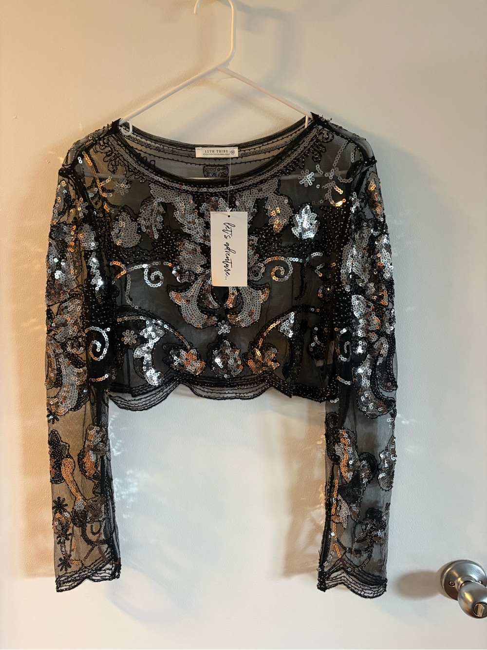 12th Tribe Black Sheer Sequin Embroidered Crop Top